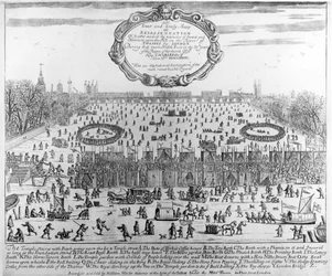 Targi Mrozowe zimy 1683-84 nad Tamizą, ze Starym Mostem Londyńskim w oddali. c.1684